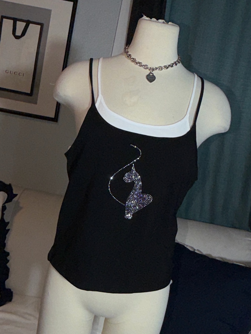 Y2K Baby Phat Black Rhinestone Cat Camisole with Double Straps XL